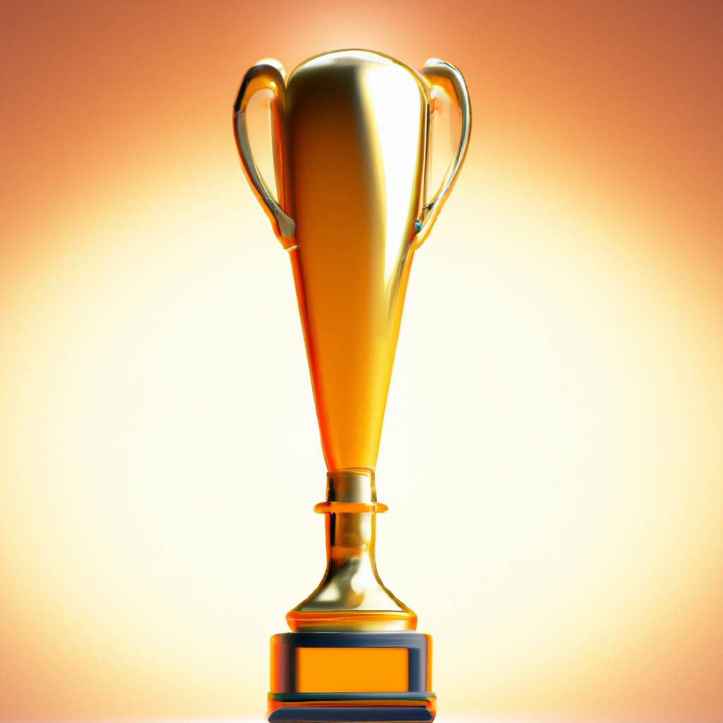 Премия в виде матового трофея на постаменте, мягкий объёмный свет, высокая детализация