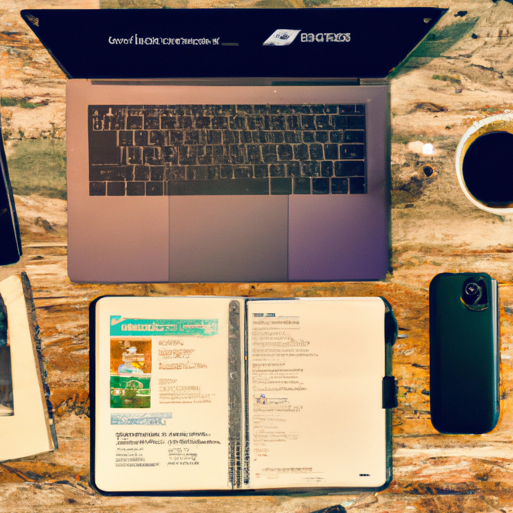 Herramientas de marketing: laptop con GA4, Google Ads Planner, cuaderno y mate