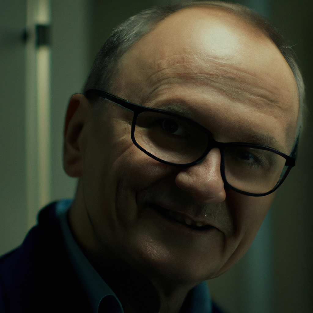 Портрет технического директора, мужчина в очках, современная лаборатория на фоне, реалистично