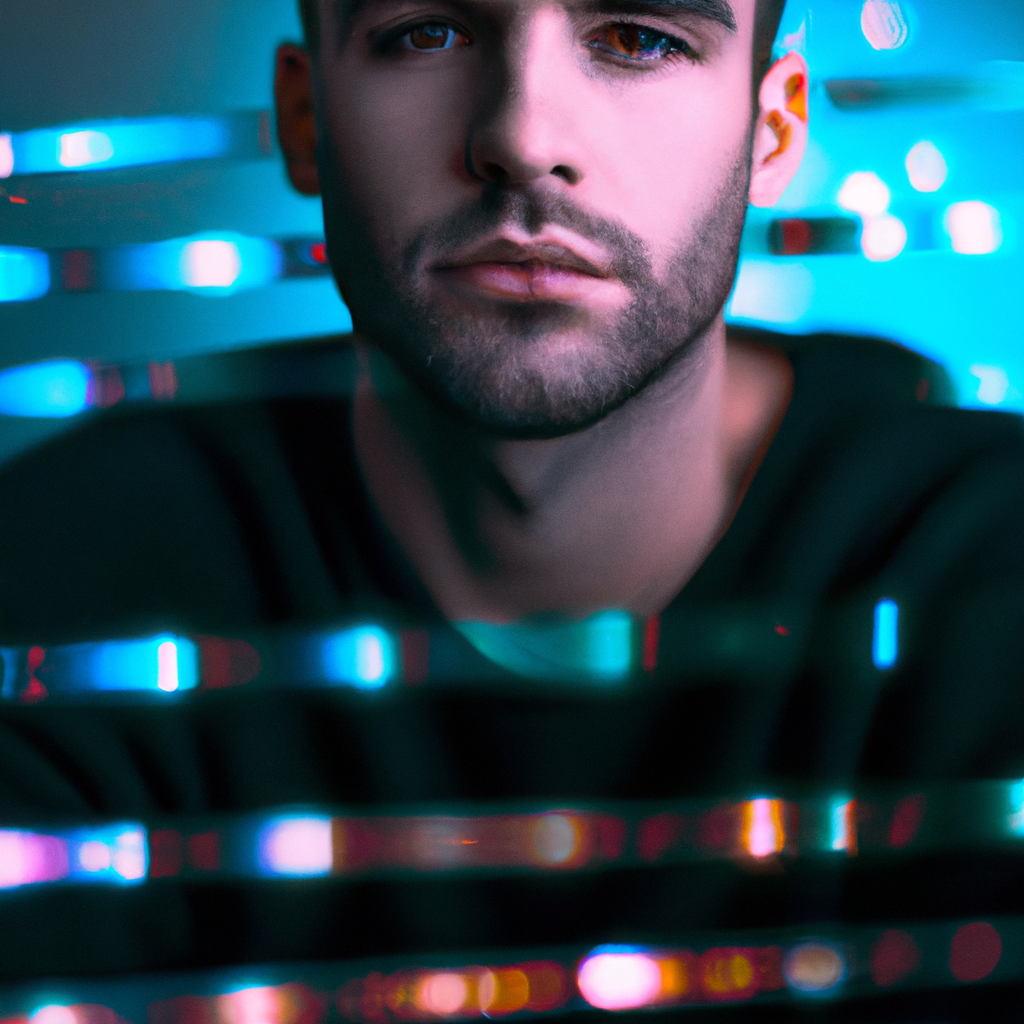 Портрет лидера дизайна, молодой специалист, студия с цветными LED и боке, высокая детализация